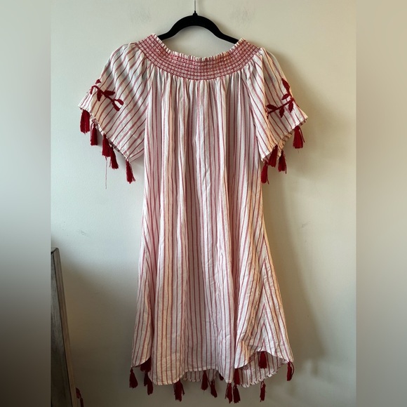 Luna Moon Off-Shoulder Red-White Embroidered Flowers and Tassel Mini Dress - Picture 9 of 12